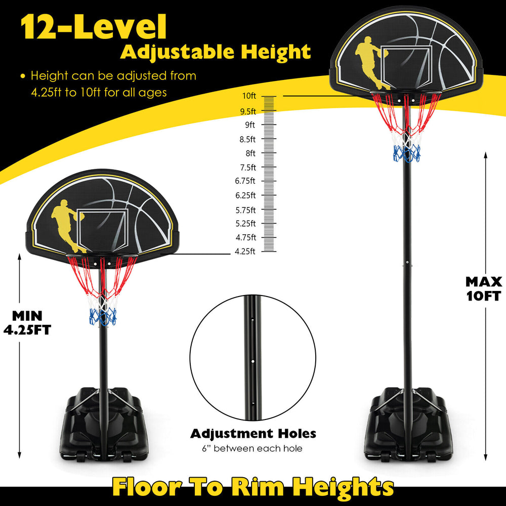 Portable adjustable basketball hoop system showing height settings from 4.25 ft to 10 ft, ideal for all ages.