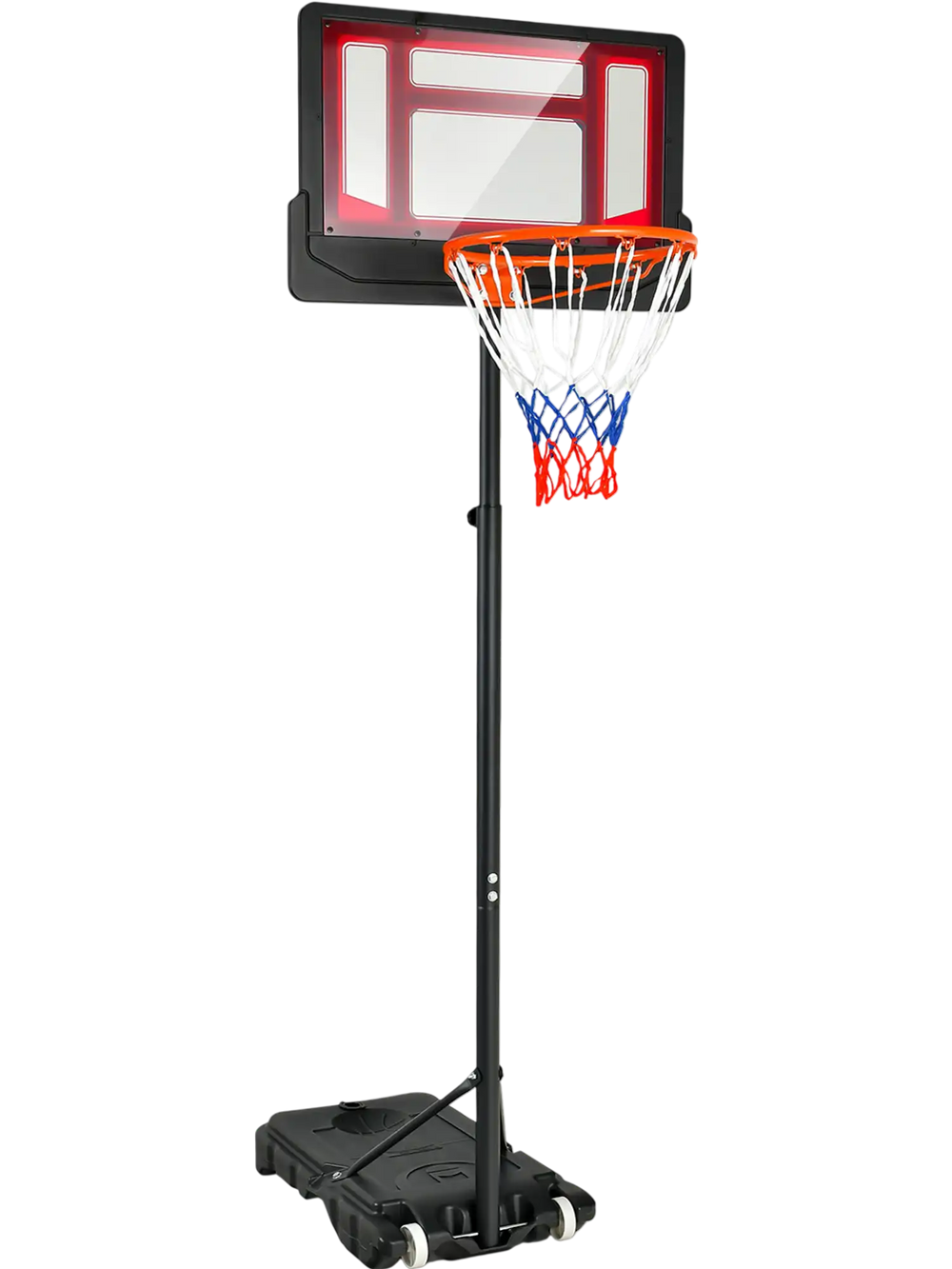 Portable basketball hoop with adjustable height from 4.3FT to 8.2FT, featuring wheels for easy mobility and a.