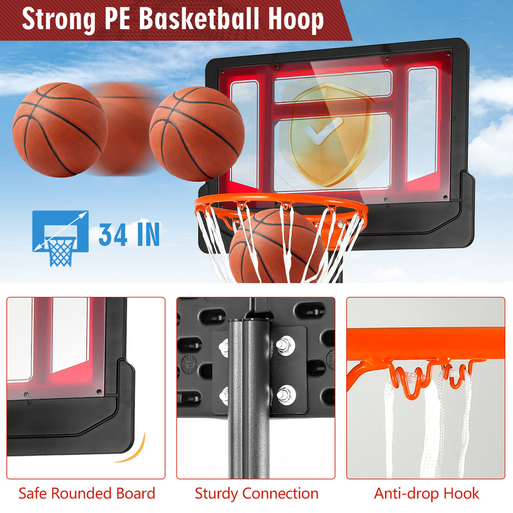 Portable basketball hoop with adjustable height from 4.3FT to 8.2FT, featuring a shatterproof backboard and built-in.