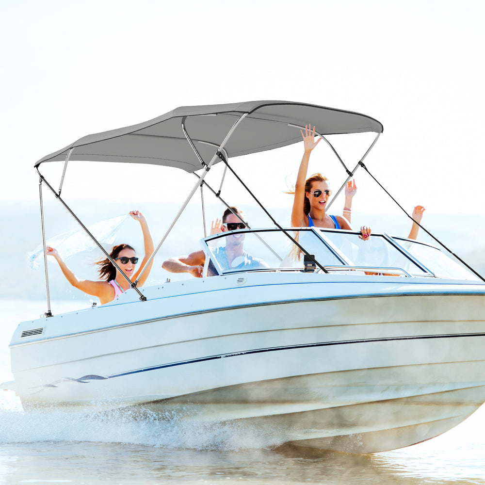 4-bow boat bimini top sun shade in use, featuring durable 600D oxford fabric and adjustable straps for secure.