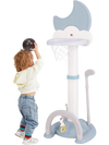 Kids basketball hoop in blue with adjustable height and electronic scoreboard, perfect for indoor and outdoor play.