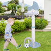 Kids basketball hoop with moon-shaped scoreboard, adjustable height, and soccer ball for outdoor play and fun.