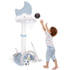 Kids basketball hoop with moon-shaped scoreboard, adjustable height, and accessories for indoor and outdoor play.