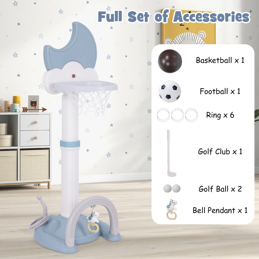 4-in-1 kids basketball hoop in blue with moon-shaped scoreboard and full accessories for indoor and outdoor play.