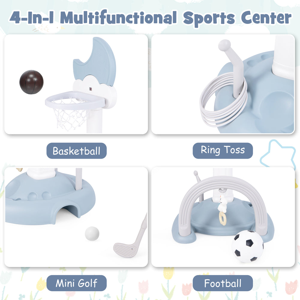 4-in-1 kids basketball hoop set in blue with adjustable height, featuring basketball, mini golf, ring toss, and.