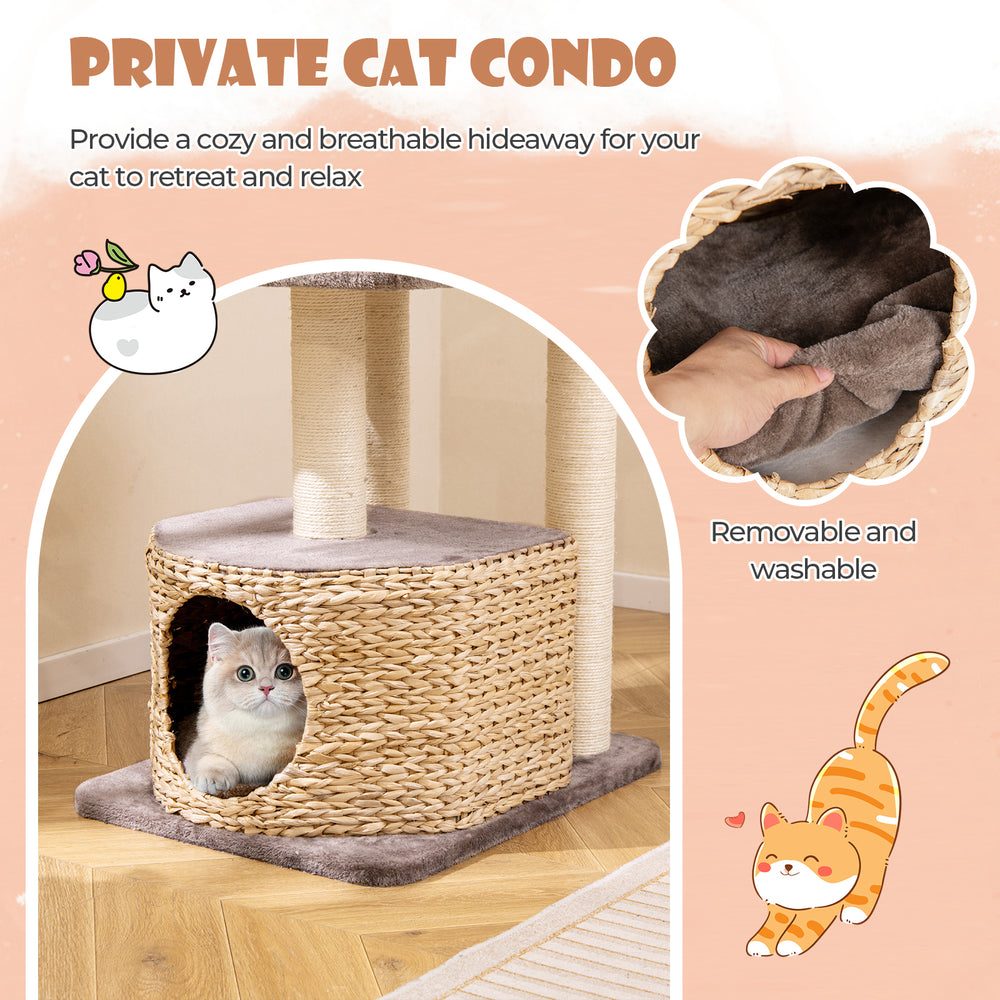 Cozy cat condo with removable, washable cushions and sisal scratching posts for playful relaxation and comfort.