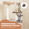 4-layer cat tower with scratching posts, plush cushions, and dangling ball for playful interaction and comfort.