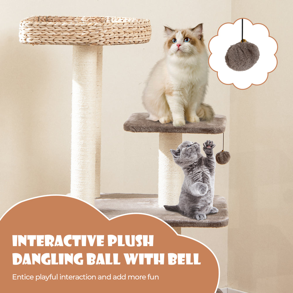 4-layer cat tower with scratching posts, plush cushions, and dangling ball for playful interaction and comfort.