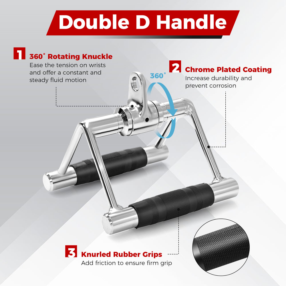 Double D handle with chrome plated coating and knurled rubber grips, designed for cable machines in home gyms.