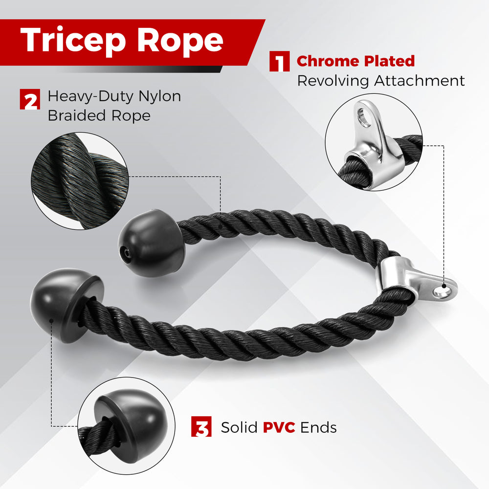 Tricep rope with heavy-duty nylon braided design and solid PVC ends, ideal for home gym workouts targeting muscle.
