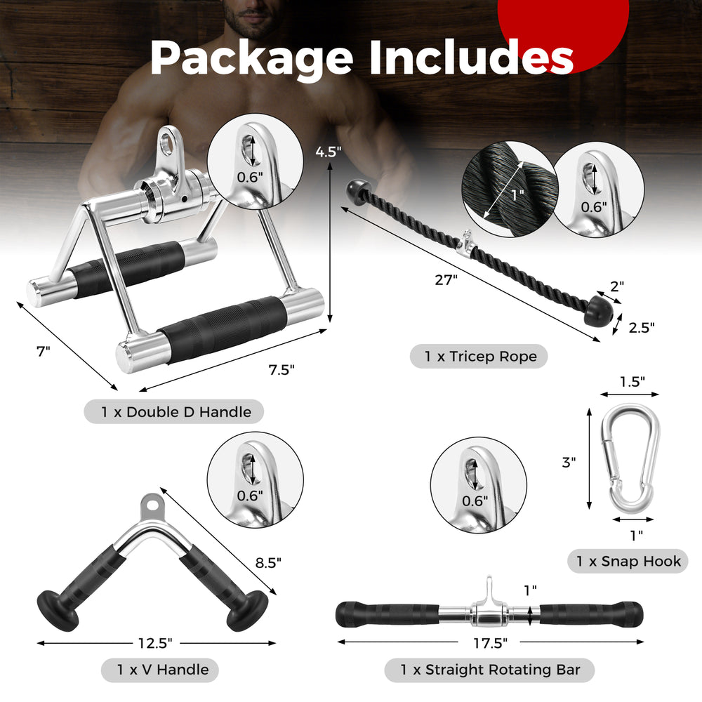 4-piece cable machine attachment set including V handle, double D handle, tricep rope, and rotating bar for home gym.