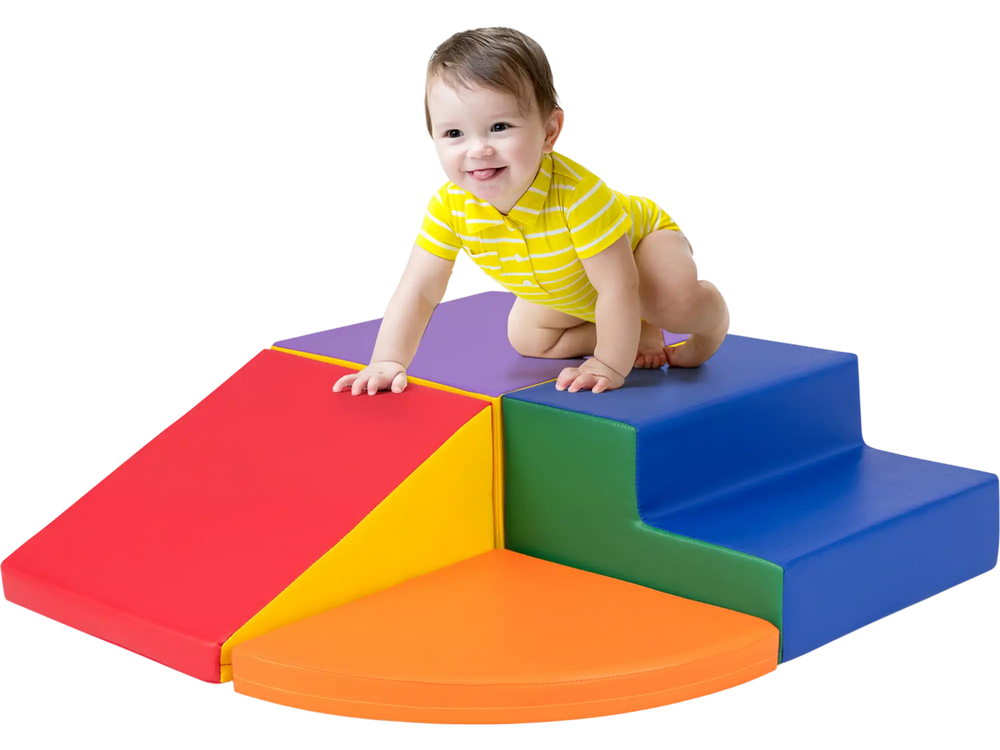 Colorful 4-piece climb and crawl foam block play set for infants, featuring a slide, steps, and sector for creative.