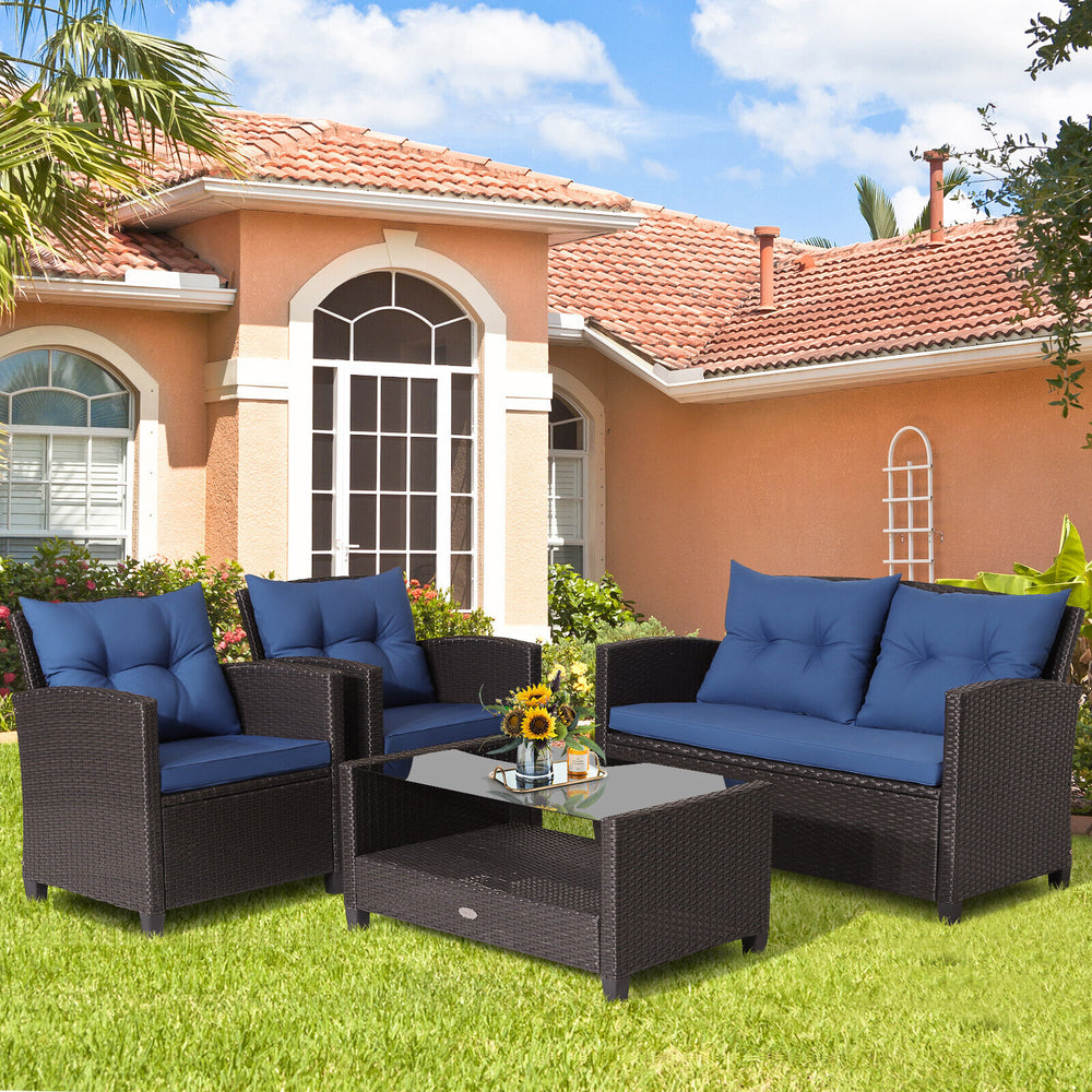 4 Pieces Patio Rattan Furniture Set with Tempered Glass Coffee Table-Navy - Gallery View 1 of 11