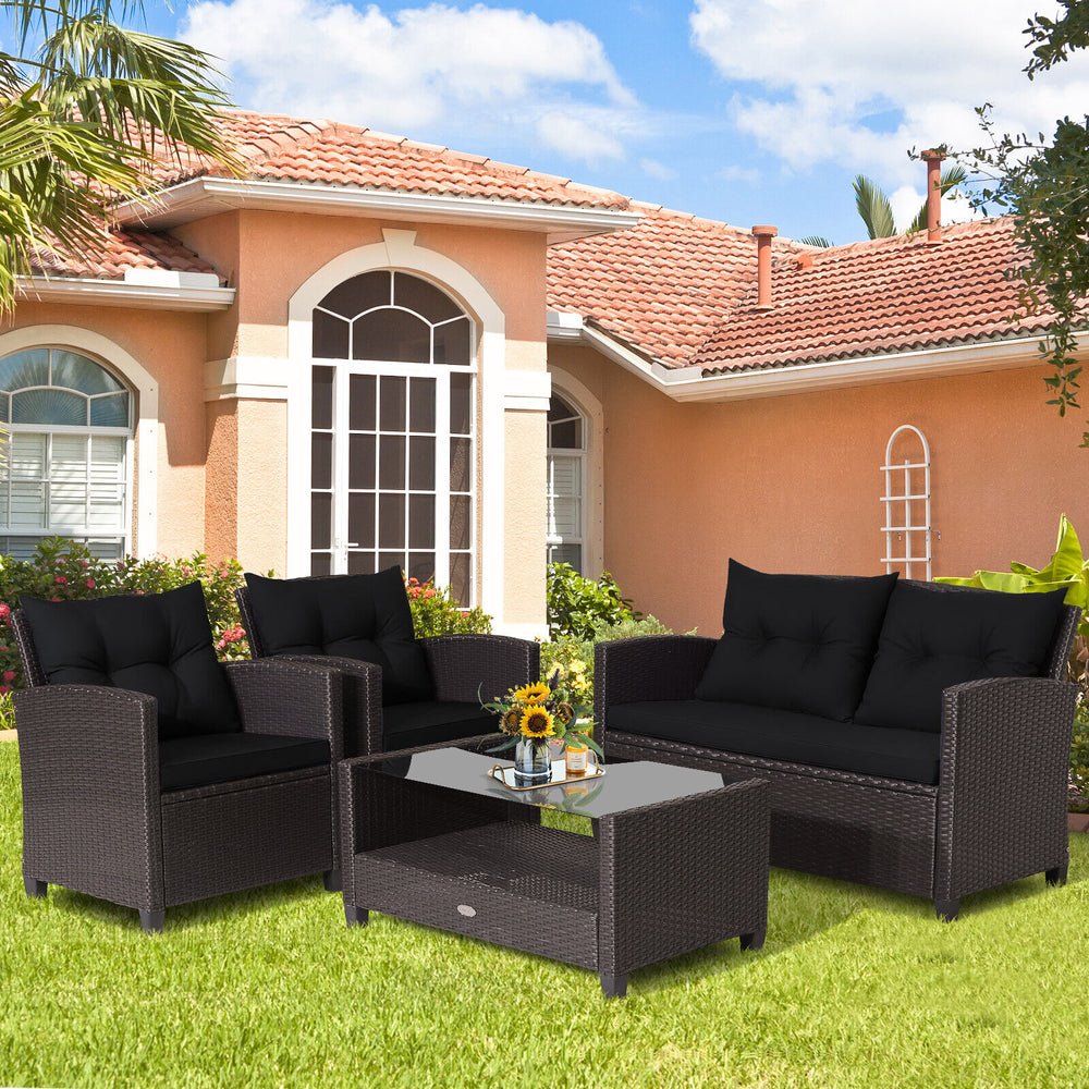4 Pieces Patio Rattan Furniture Set with Tempered Glass Coffee Table-Black - Gallery View 1 of 10