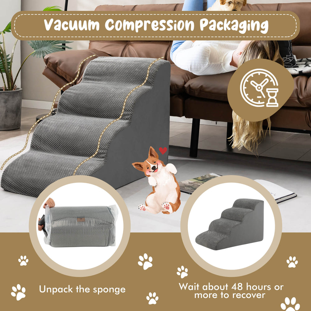 4-tier gray foam dog steps with non-slip surface, ideal for pets to access beds and sofas easily.