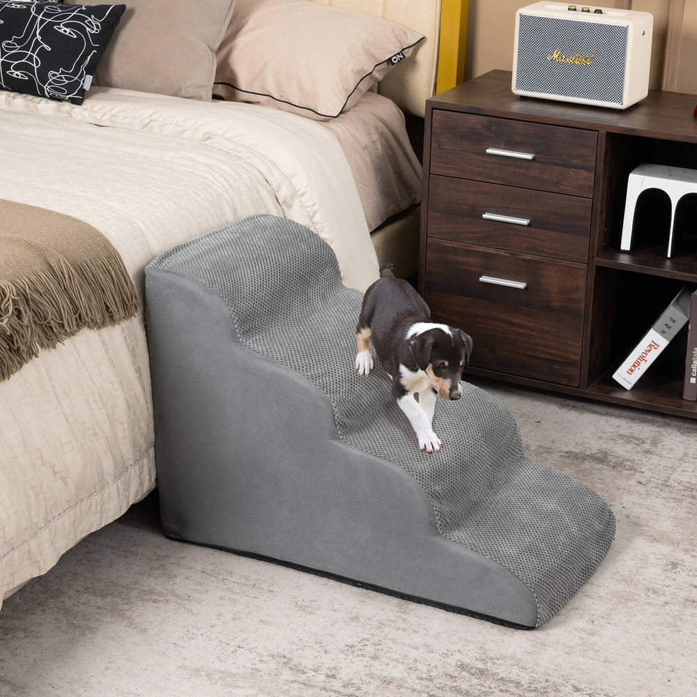 4-tier foam dog steps in gray with non-slip surface, designed for easy pet access to beds and sofas.