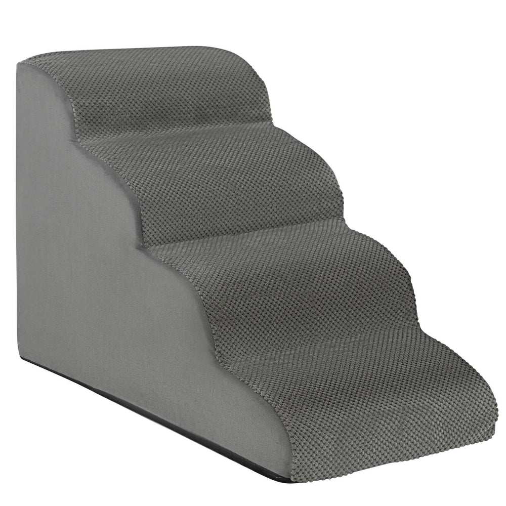 Gray 4-tier foam dog steps with non-slip surface, ideal for pets with mobility issues to access furniture easily.