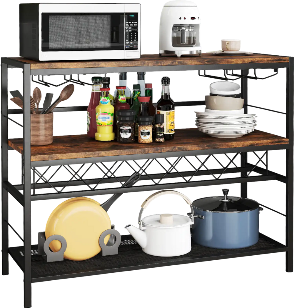 41-inch 4-tier bar table in rustic brown with wine rack, glass holders, and three storage shelves for kitchen use.