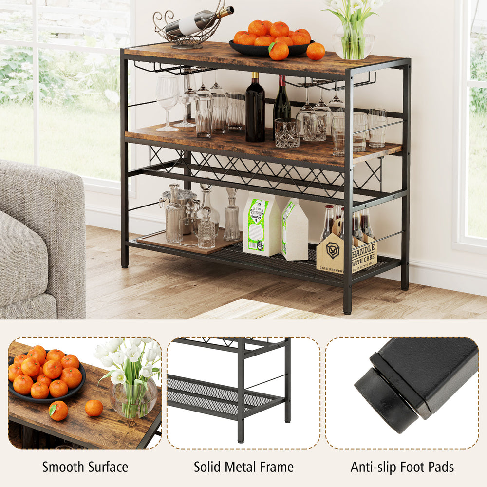 41-inch 4-tier bar table in rustic brown with wine rack, glass holders, and anti-slip foot pads for kitchen or dining.