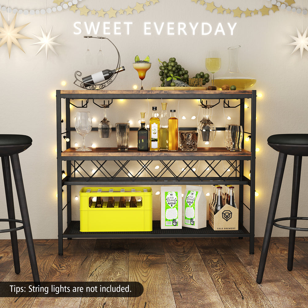 41-inch 4-tier bar table in rustic brown with wine rack, glass holders, and shelves for kitchen or dining room storage.