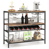 41-inch rustic brown bar table with wine rack, 4 rows of glass holders, and 3 storage shelves for kitchen or dining.