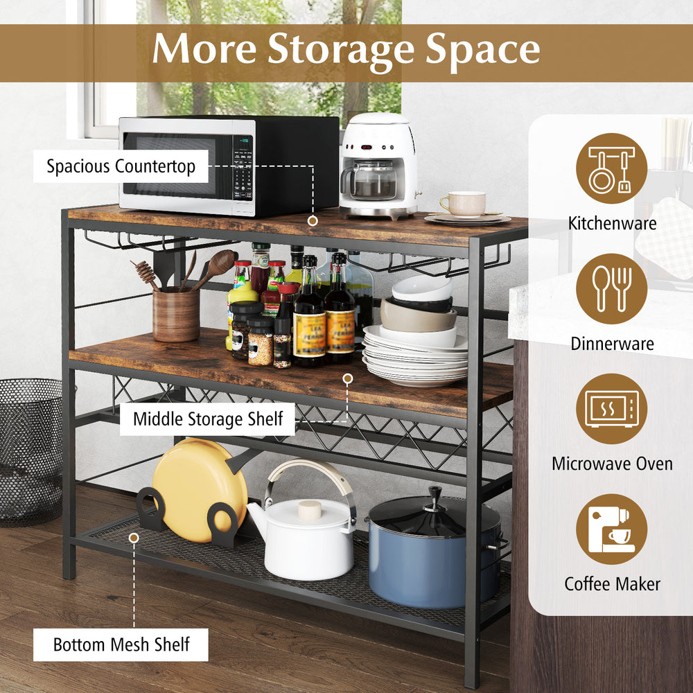 41-inch rustic brown 4-tier bar table with wine rack, featuring 3 storage shelves and 4 rows of glass holders for.