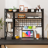 4-tier black desk shelf with metal grid panel, 6 hooks, and space for decor, perfect for home office organization.