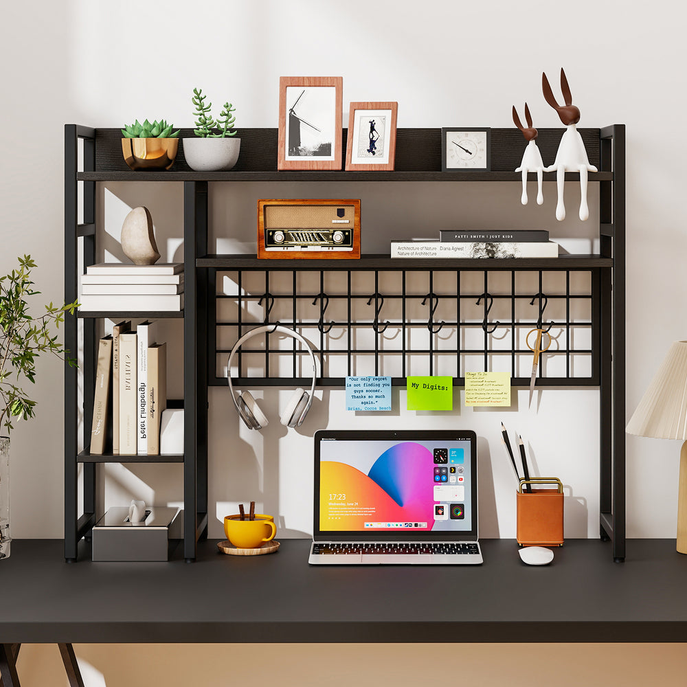 4-Tier Desk Shelf Desktop Display Rack with Metal Grid Panel and 6 Hooks-Black - Gallery View 1 of 10