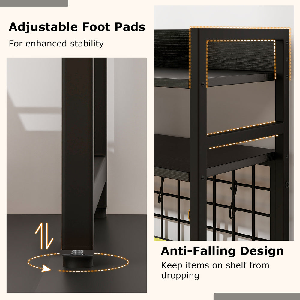 Adjustable foot pads and anti-falling design of the 4-tier desk shelf rack in black for stability and safety.