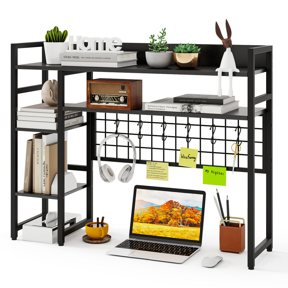 4-tier black desk shelf with metal grid panel, 6 hooks, and space for monitors, ideal for home or office organization.