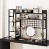 4-tier black desk shelf with metal grid panel, 6 hooks, and open shelves for organizing decor and essentials.