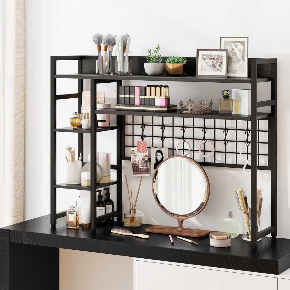 4-tier black desk shelf with metal grid panel, 6 hooks, and open shelves for organizing decor and essentials.