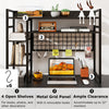 4-tier black desk shelf with metal grid panel, 6 hooks, and ample clearance for up to 32" monitors, ideal for.