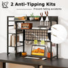 4-tier black desk shelf with metal grid panel, 6 hooks, and anti-tipping kits for stable organization and display.