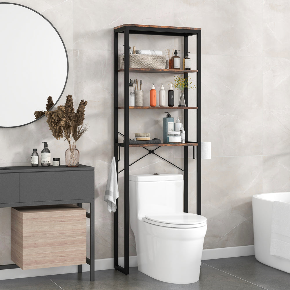 4-tier freestanding over-the-toilet storage rack in rustic brown, made of MDF with a sturdy metal frame for bathroom.