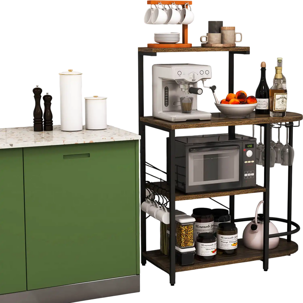 4-tier kitchen bakers rack in rustic brown with S-hooks and stemware racks, perfect for coffee stations or storage.