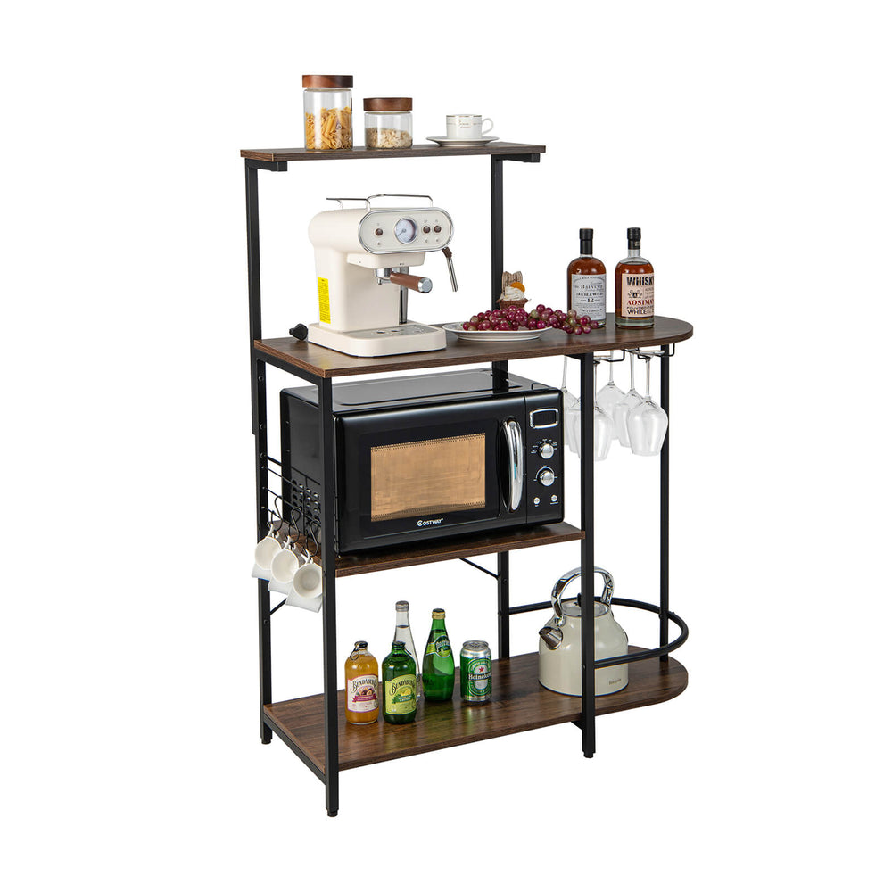4-tier kitchen bakers rack in rustic brown with microwave, coffee maker, and wine glass storage, ideal for kitchen.