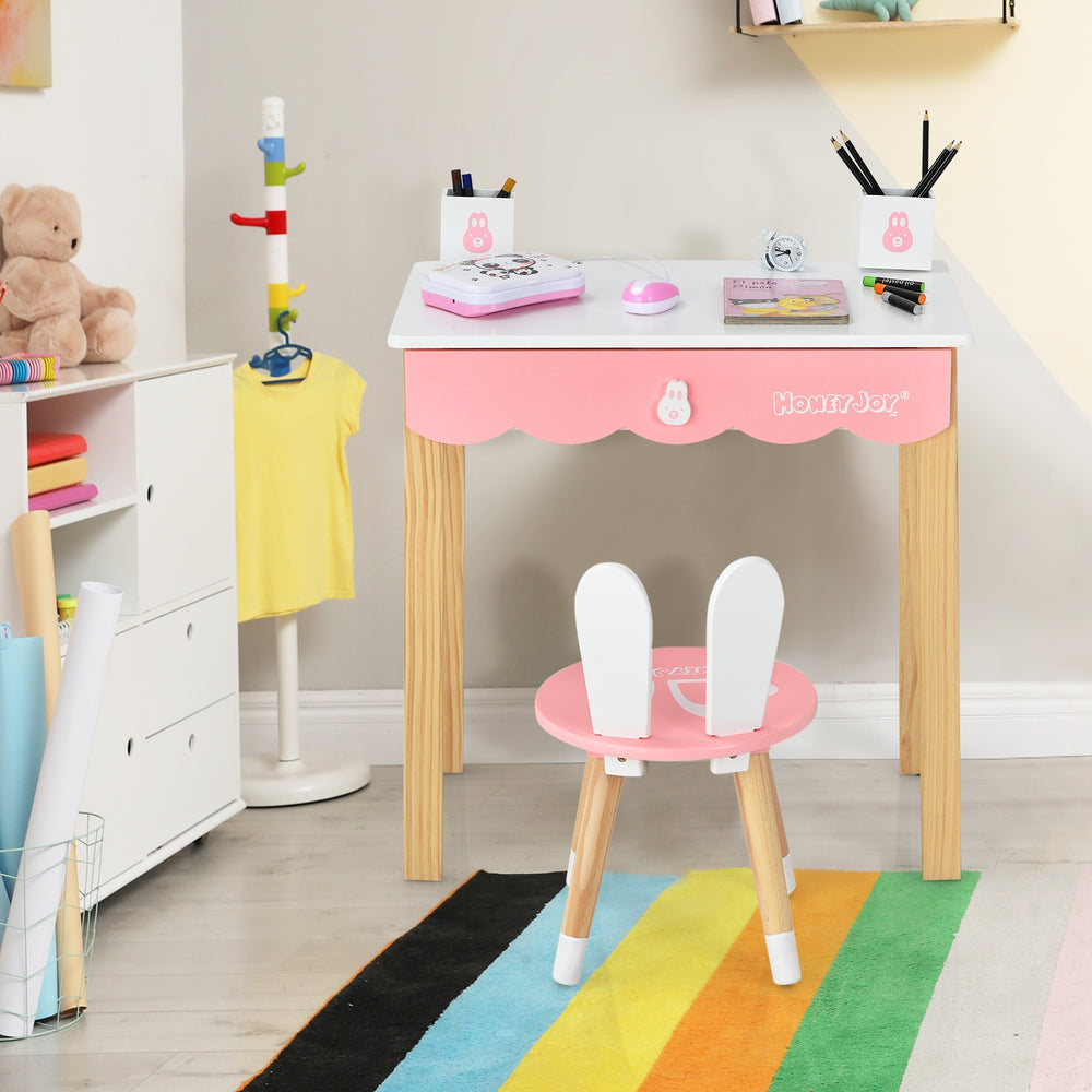 Kids vanity set featuring a rabbit-shaped chair and detachable mirror, perfect for playrooms or bedrooms.