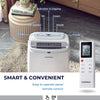Portable 12000 BTU air conditioner with remote control, featuring a touch panel and adjustable temperature for up to.