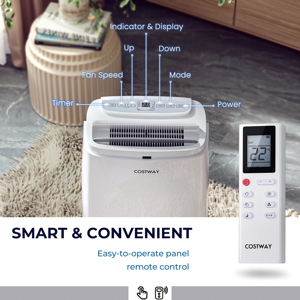 Portable 12000 BTU air conditioner with remote control, featuring a touch panel and adjustable temperature for up to.