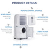 12000 BTU portable air conditioner in white with remote control, featuring adjustable temperature and washable filters.