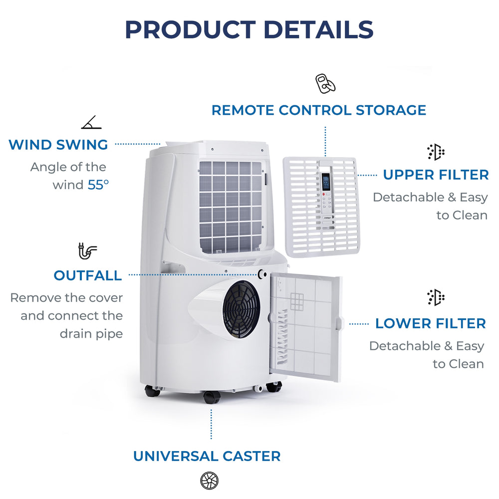 12000 BTU portable air conditioner in white with remote control, featuring adjustable temperature and washable filters.