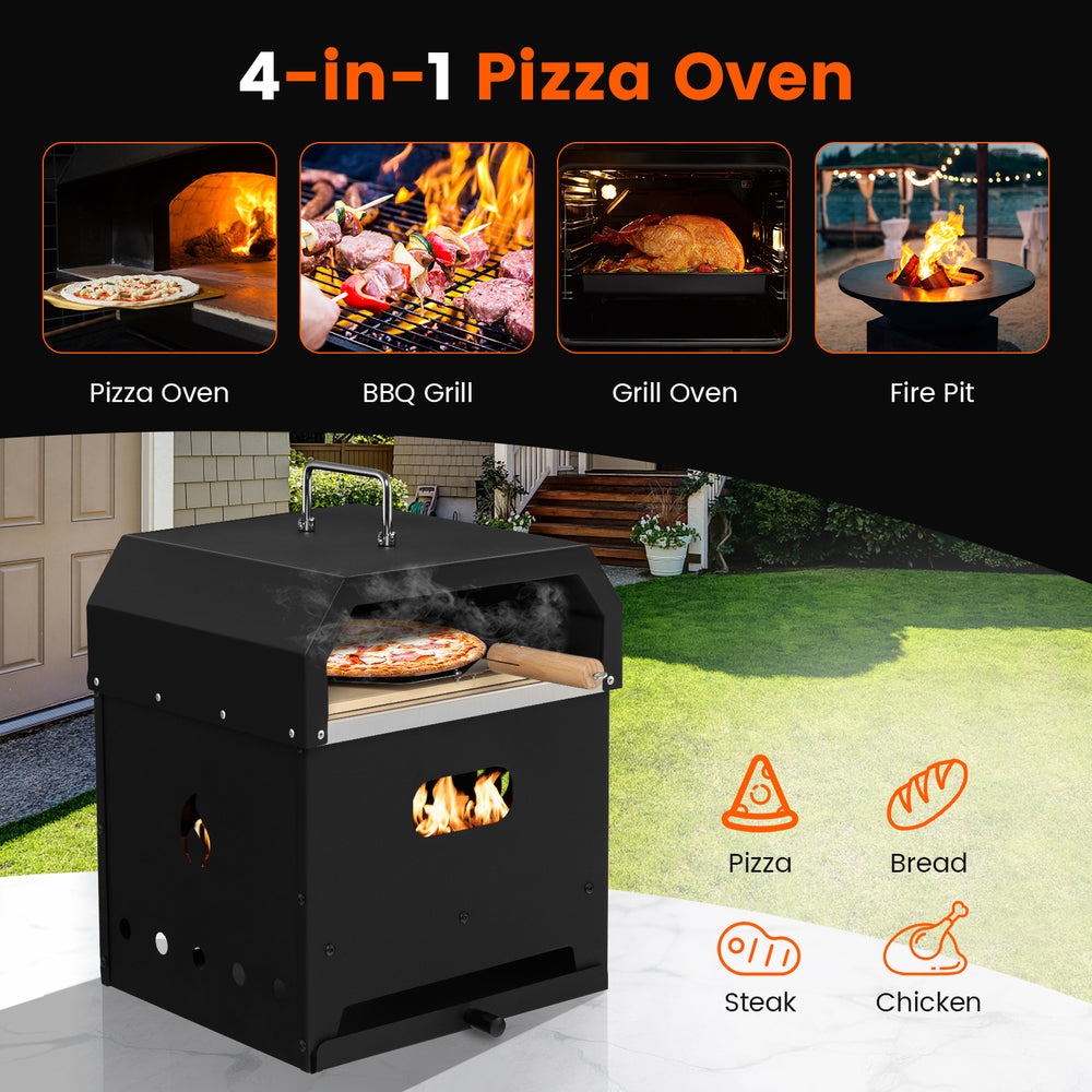 4-in-1 outdoor portable pizza oven with 12-inch pizza stone, made of stainless steel for grilling, baking, and fire pit.