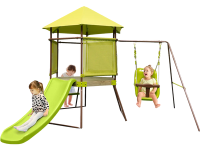 Costway 4-in-1 Swing Set Covered Playhouse Fort Adjustable Baby Seat 39467258 New
