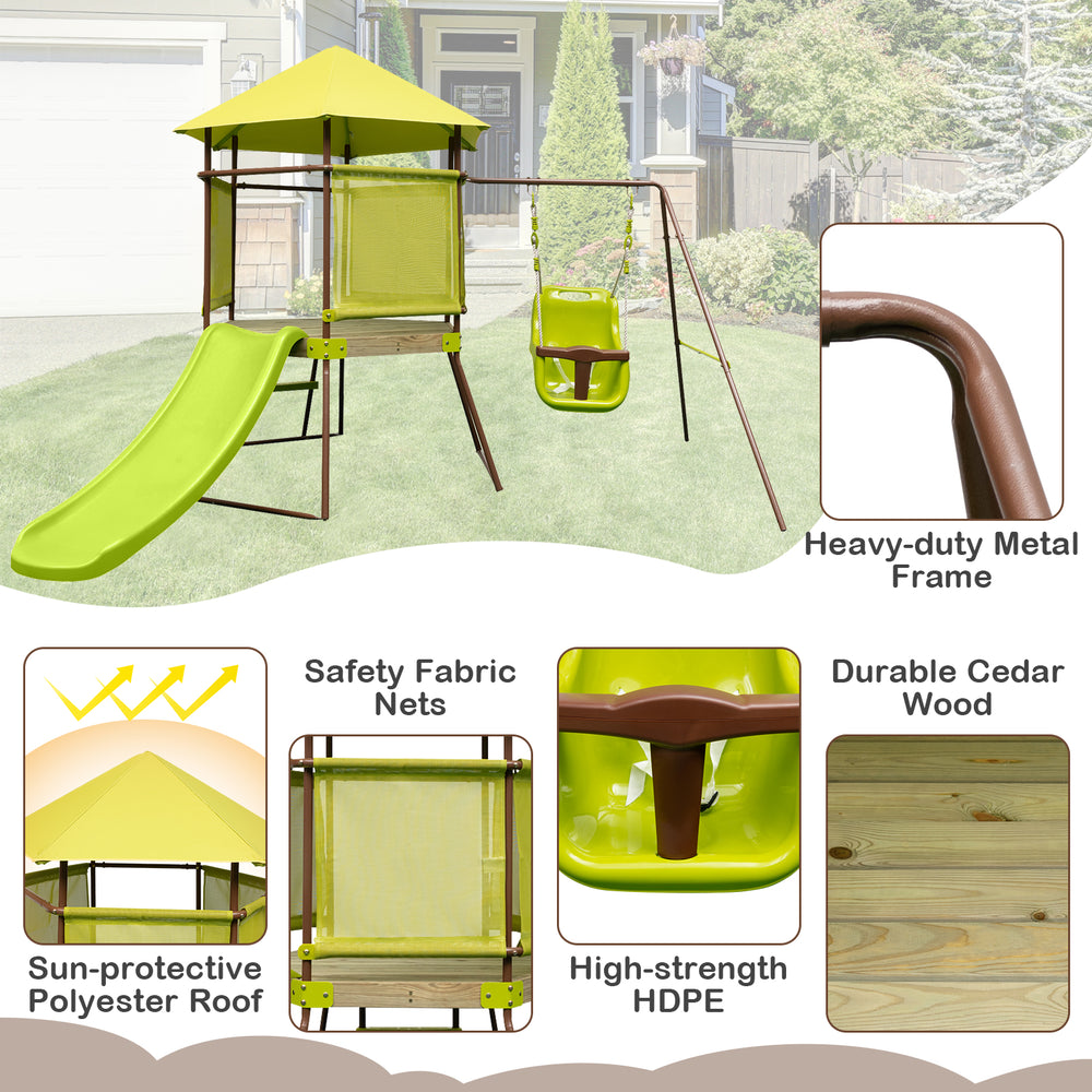 4-in-1 swing set with slide, covered playhouse, and adjustable baby seat in green for safe outdoor play.