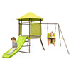 4-in-1 swing set with covered playhouse, green slide, and height adjustable baby seat for safe outdoor fun.
