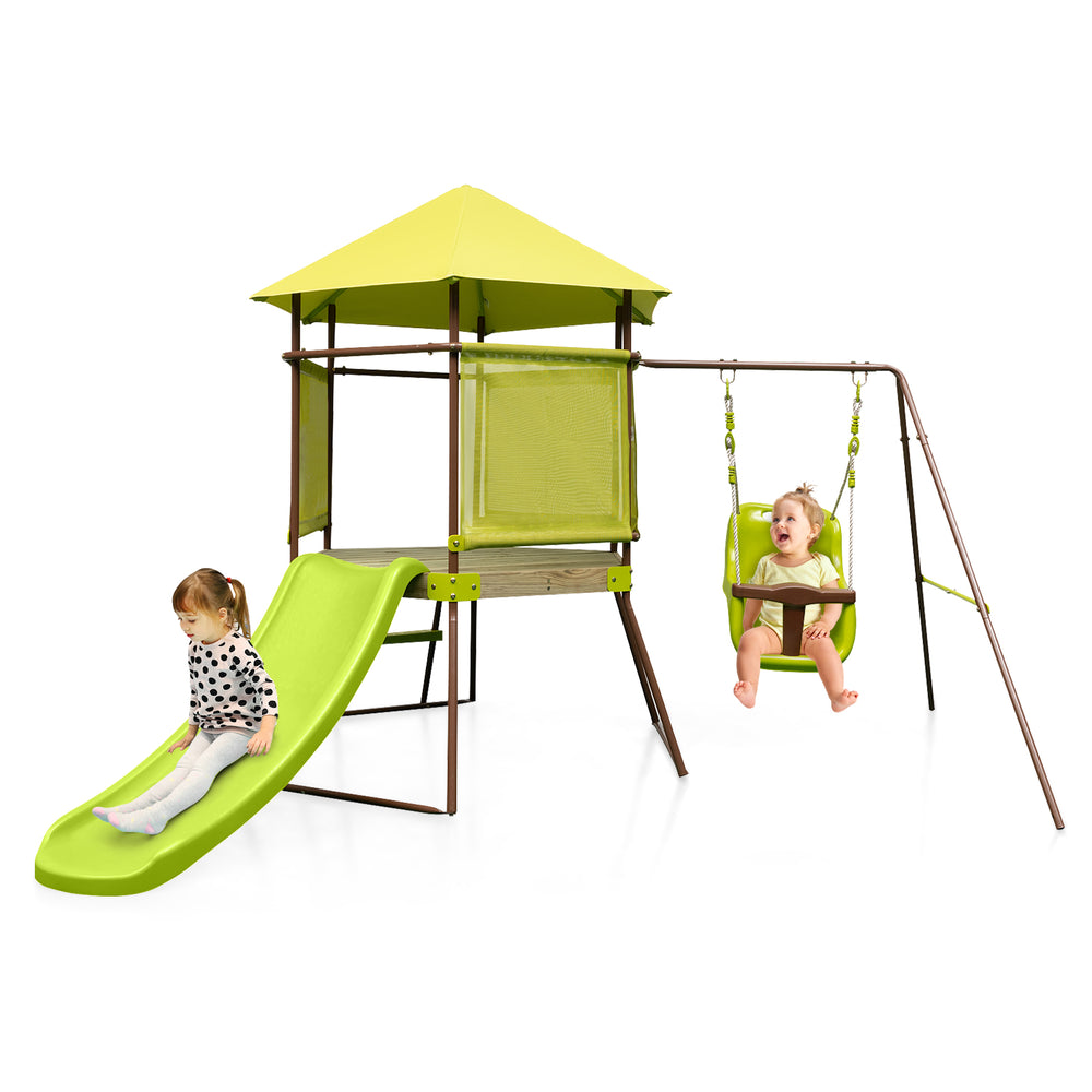 4-in-1 swing set with covered playhouse, green slide, and height adjustable baby seat for safe outdoor fun.
