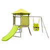 4-in-1 swing set featuring a green covered playhouse fort, slide, and height adjustable baby seat for safe outdoor fun.