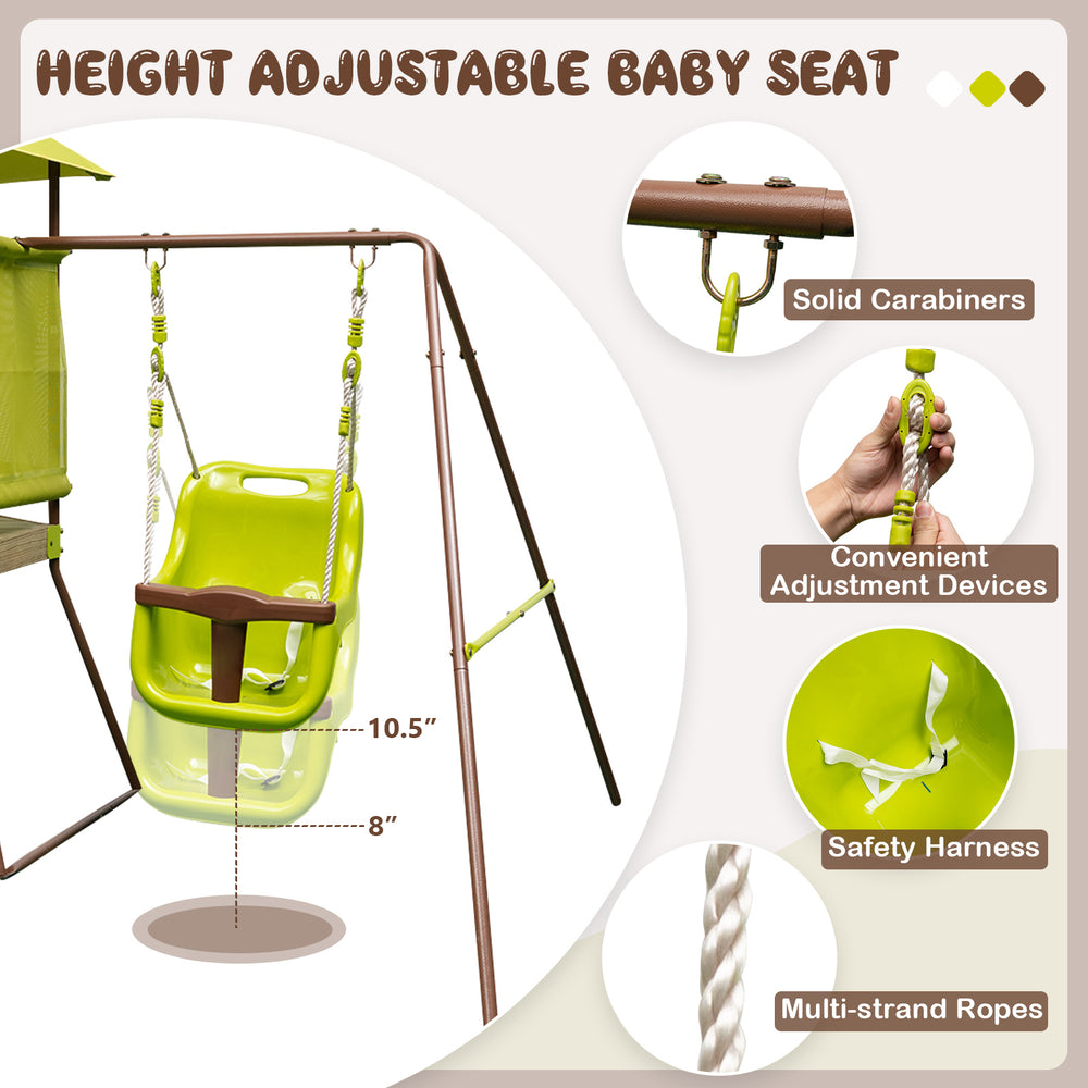 Height adjustable baby seat in green for the 4-in-1 swing set, featuring safety harness and solid carabiners.