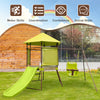 4-in-1 swing set with covered playhouse fort, green slide, and adjustable baby seat for outdoor fun and safety.